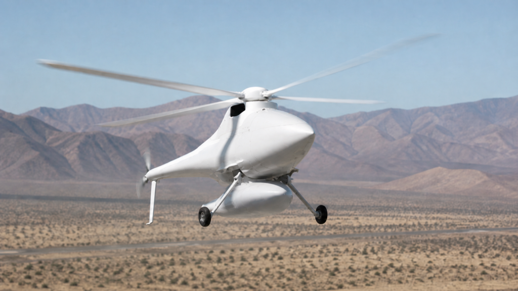 Representative image of an unmanned rotorcraft in flight over a desert test range, illustrating the A160 Hummingbird’s variable-speed rotor legacy and its influence on future autonomous helicopter design.