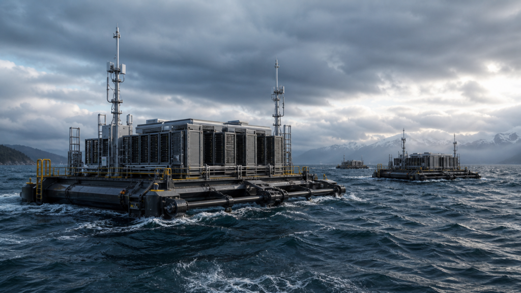 Representative image of wave-powered floating compute nodes operating in rough Pacific waters, as Panthalassa’s $140 million Series B funding pushes ocean-based AI infrastructure toward pilot deployment.