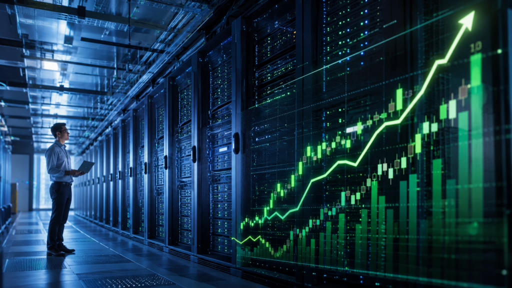 Representative image of a modern AI data centre and rising market chart, reflecting HPE's record quarterly results, upgraded fiscal 2026 outlook, and investor optimism around accelerating demand for artificial intelligence infrastructure.