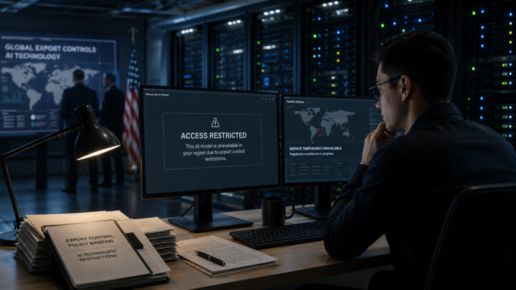 Representative image of an AI operations centre under export control restrictions, reflecting how Anthropic’s Fable 5 and Mythos 5 shutdown has intensified the United States debate over frontier AI security, model access and global technology regulation.