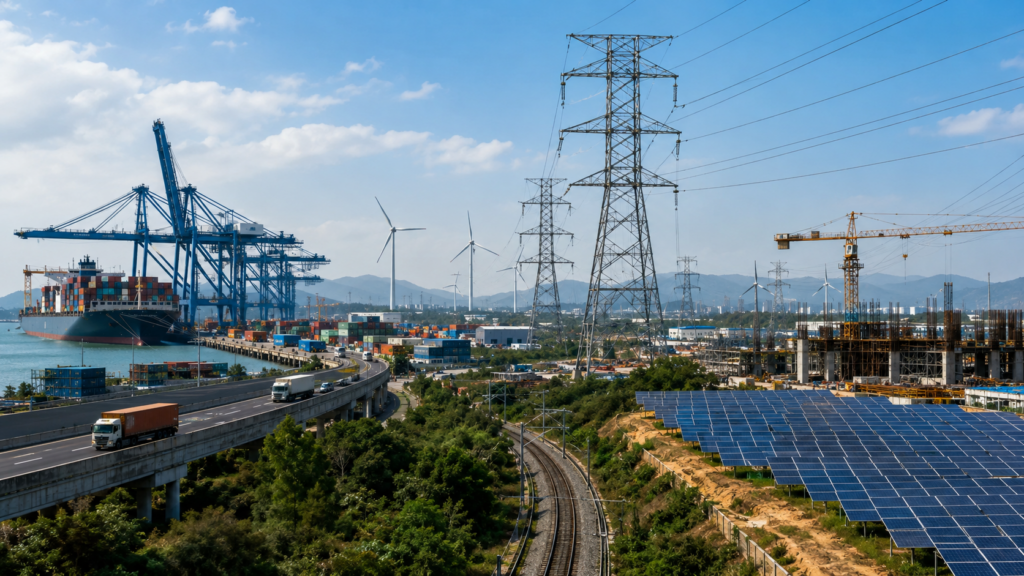 Representative image of industrial infrastructure, solar panels, transmission lines and port logistics, illustrating Adani Portfolio’s FY26 capex surge and India’s infrastructure investment story.