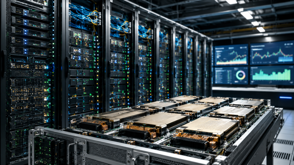 Representative image of high-density AI compute infrastructure as Alphabet’s $920 million-a-month SpaceX agreement sharpens investor focus on Google Cloud capacity, GOOGL stock sentiment, and the artificial intelligence infrastructure race.