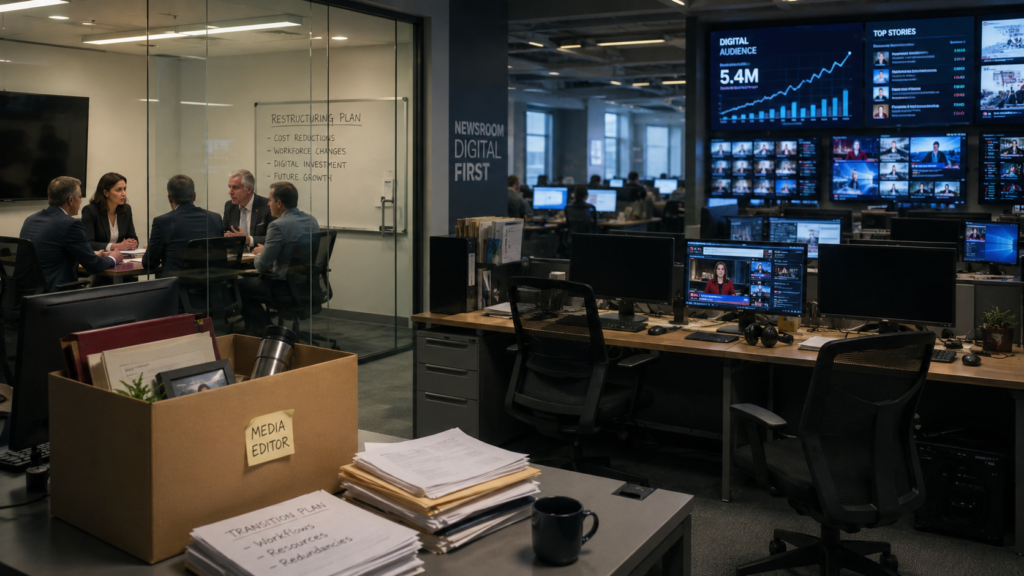 Representative image: A modern newsroom undergoing workforce restructuring reflects the BBC’s 550-job reduction and Matt Brittin’s digital-first strategy, highlighting changing media roles, programme cuts and the future of public-service broadcasting.