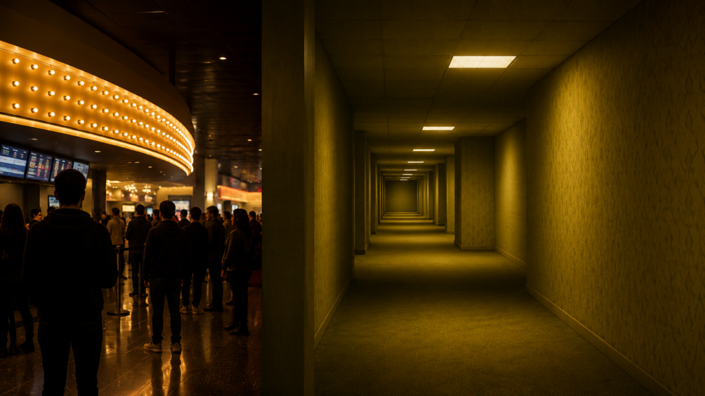 Representative image of moviegoers at a cinema and an unsettling liminal hallway, reflecting A24’s Backrooms box office surge and the growing power of internet-born horror films.