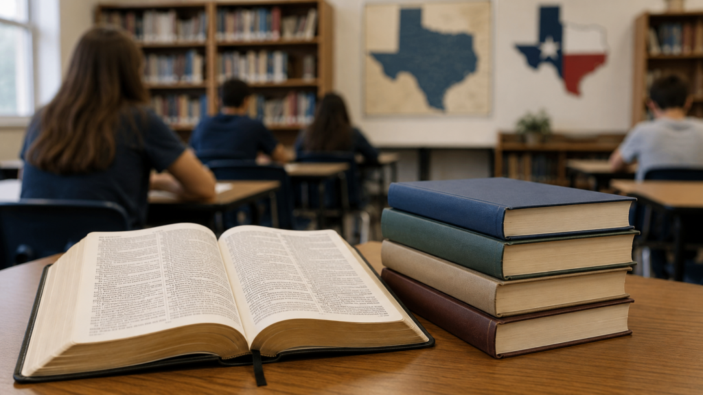 Representative image: Bible passages and classic literature books in a Texas public-school classroom, reflecting the state’s newly approved mandatory reading list for students from elementary through high school.