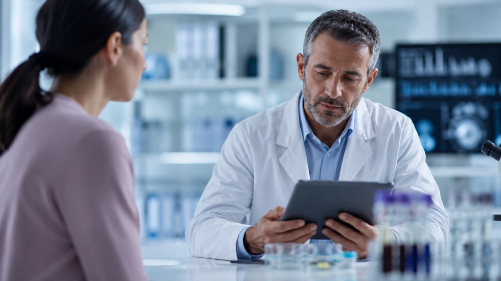 Representative image: A clinical researcher reviews patient data in a modern medical laboratory, reflecting Biogen and UCB’s Phase 3 progress for dapirolizumab pegol in systemic lupus erythematosus treatment.