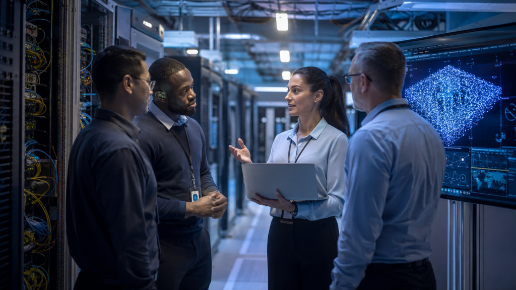 Representative image of a data centre team reviewing AI infrastructure systems, illustrating the Black Box and AIONOS partnership for enterprise AI applications and global digital transformation.
