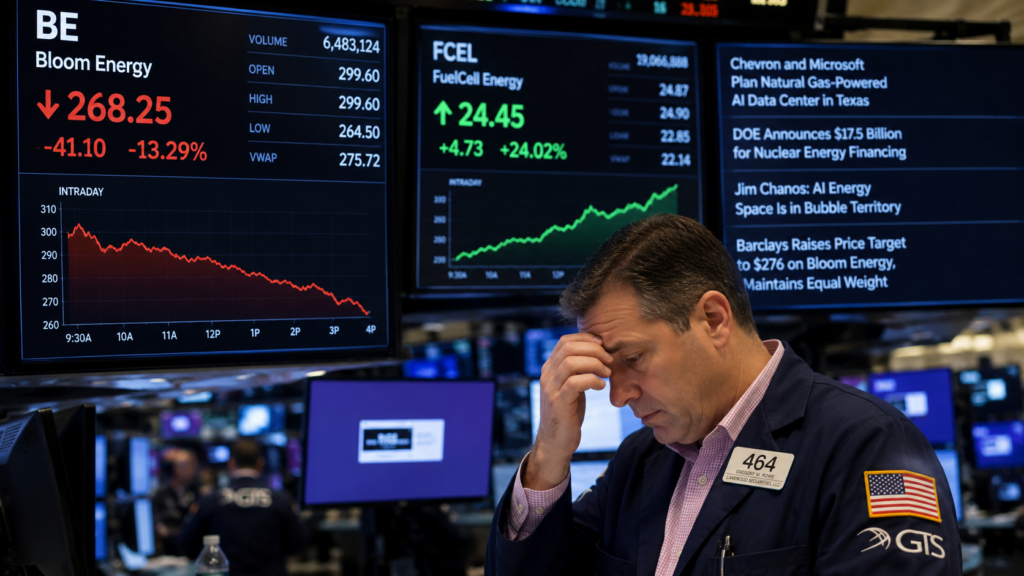 Representative image: Bloom Energy Corporation stock slide highlights investor anxiety over artificial intelligence power competition as FuelCell Energy, Chevron Corporation, Microsoft and nuclear financing reshape the clean energy race.