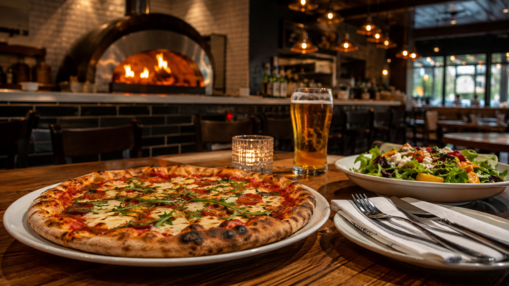 Representative image: Wood-fired pizza restaurant scene illustrating Brixx Wood Fired Pizza + Craft Bar’s Concord opening as the brand resumes expansion after a five-year pause.
