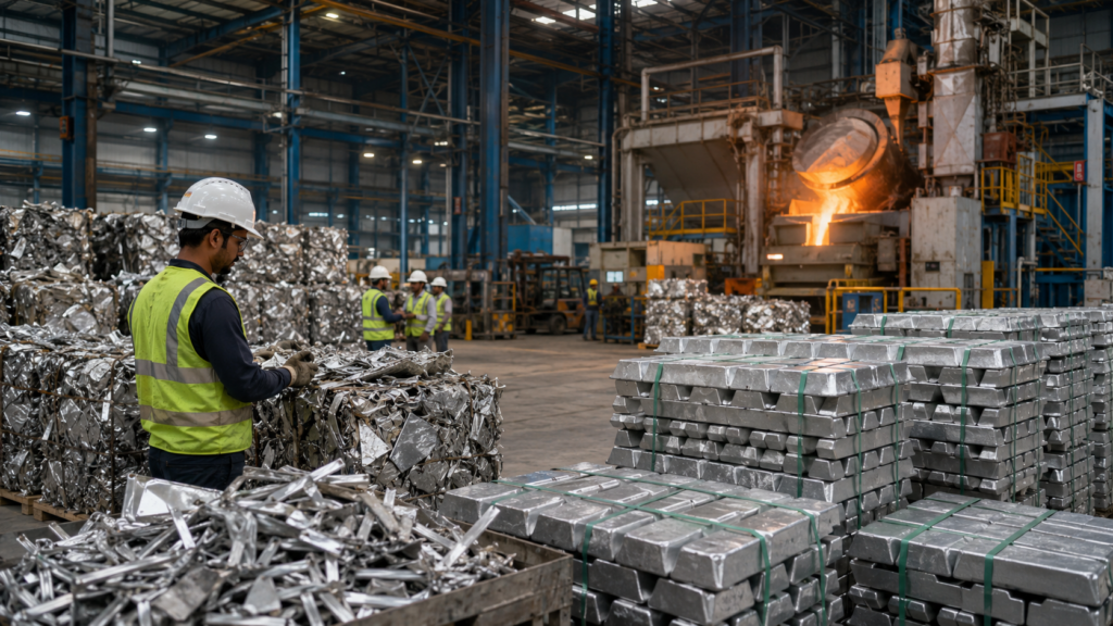 Representative image of aluminium scrap, recycled metal ingots and workers inside a processing facility, illustrating the CMR Green Technologies IPO and India’s metal recycling sector.