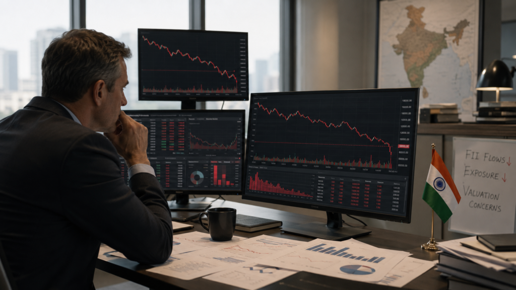Representative image of an institutional investor reviewing falling Indian equity charts, highlighting how Capital Group’s sharp India exposure cut has intensified questions over FPI flows, valuation concerns and foreign investor confidence in Indian markets.