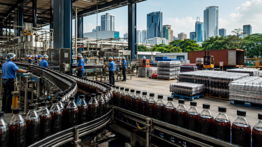Representative image of an unbranded beverage bottling plant with packaged soft drinks, illustrating Coca-Cola’s India IPO plans and the growth of India’s FMCG beverage sector.