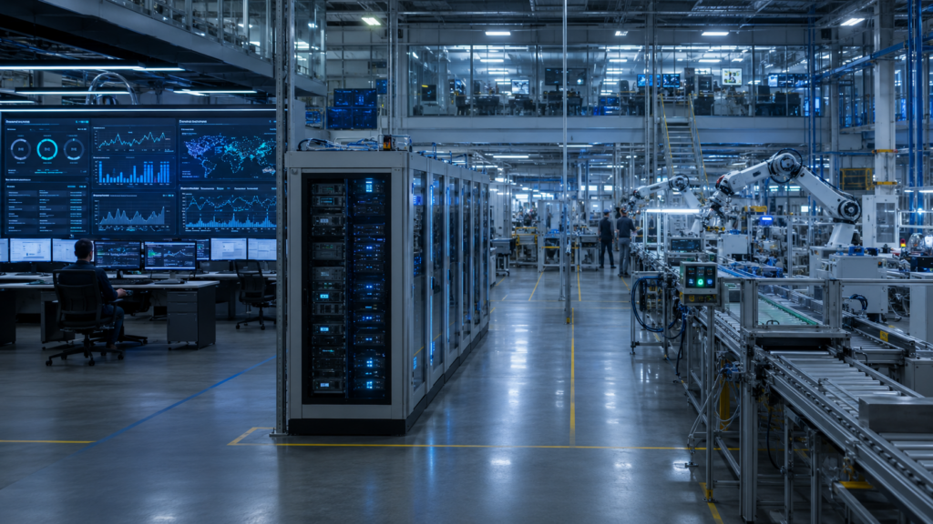 Representative image: A smart factory operations centre with robotics, industrial sensors and AI monitoring systems illustrates how Cognizant’s physical AI platform could reshape enterprise automation, IT services demand and CTSH investor sentiment.