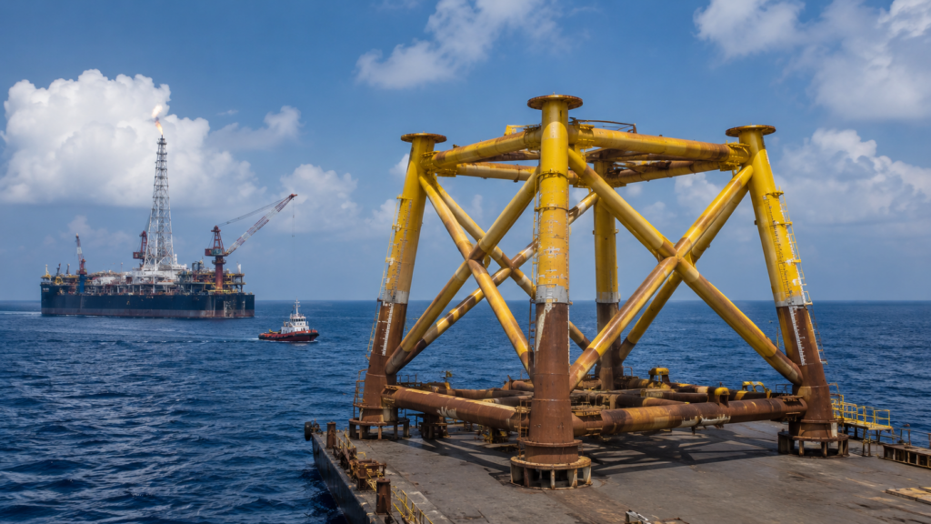 Conrad Asia Energy’s Mako gas project: Representative image of offshore gas infrastructure fabrication and transport activities, reflecting progress toward first gas production from the Mako gas field in Indonesia’s West Natuna Sea.
