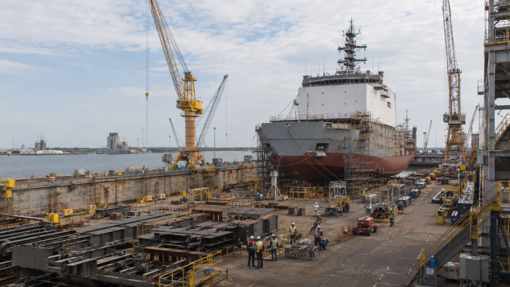 Representative image of shipbuilding work at a coastal yard, as Davie Defense’s Gulf Copper modernization in Texas aims to support Arctic Security Cutter construction and rebuild U.S. icebreaker production capacity.
