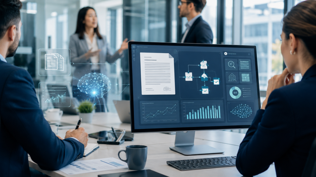 Representative image of AI-powered digital agreement workflows in a corporate office setting. The visual reflects Docusign’s push into Intelligent Agreement Management as investors assess whether enterprise automation can strengthen DOCU stock momentum.