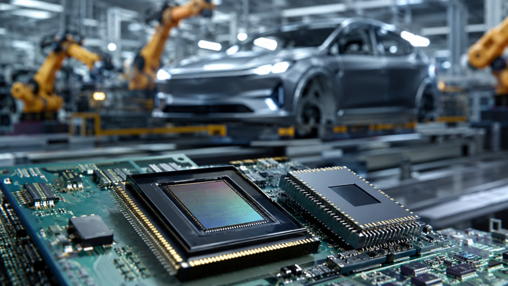 Representative image of advanced semiconductor chips in an automotive manufacturing setting. EnSilica plc’s $75 million German automotive chip contract strengthens its position in sensing technology, ASIC supply, and next-generation vehicle electronics.