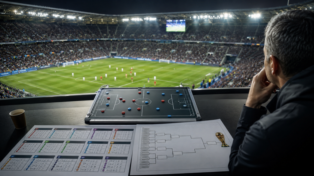 Representative image of a football analyst reviewing tournament brackets and tactical plans inside a packed stadium, highlighting how the FIFA World Cup 2026 format expands to 48 teams, 12 groups and a new round of 32.
