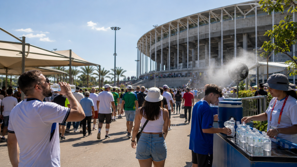 Representative image of fans using water stations outside a sunlit football stadium, highlighting how FIFA World Cup 2026 heat risk, hydration rules and open-air venues are putting fan safety at the centre of tournament planning.