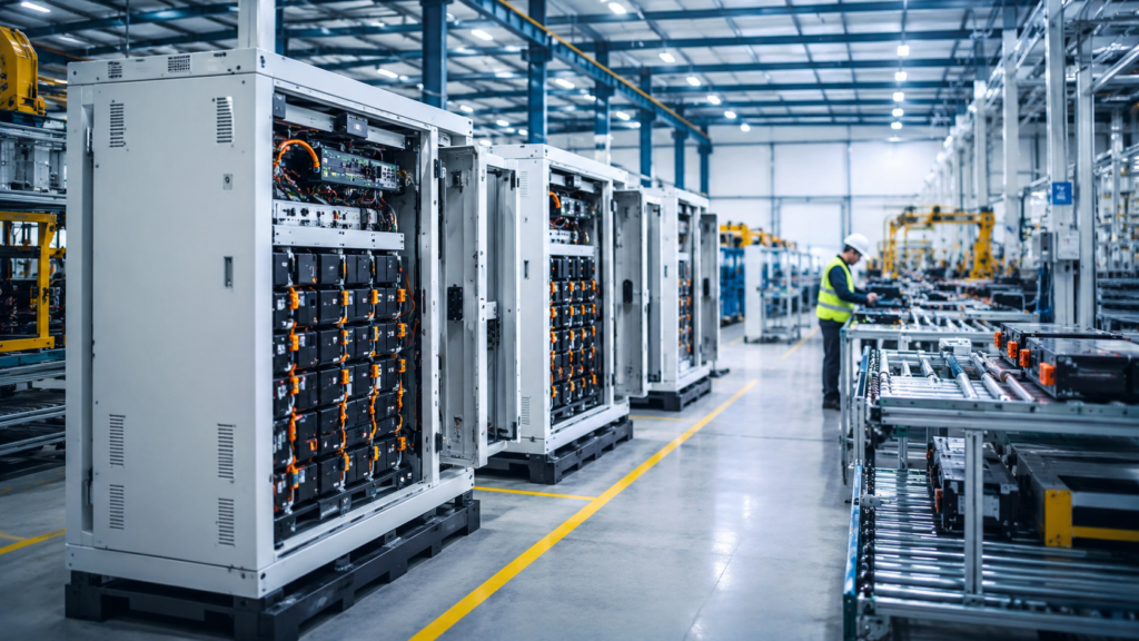 Representative image: Battery energy storage systems being assembled inside a modern clean energy manufacturing facility, reflecting iNVERGY India’s 3 GWh Dasna BESS factory and GP Eco Solutions India’s push into India’s fast-growing renewable energy storage supply chain.
