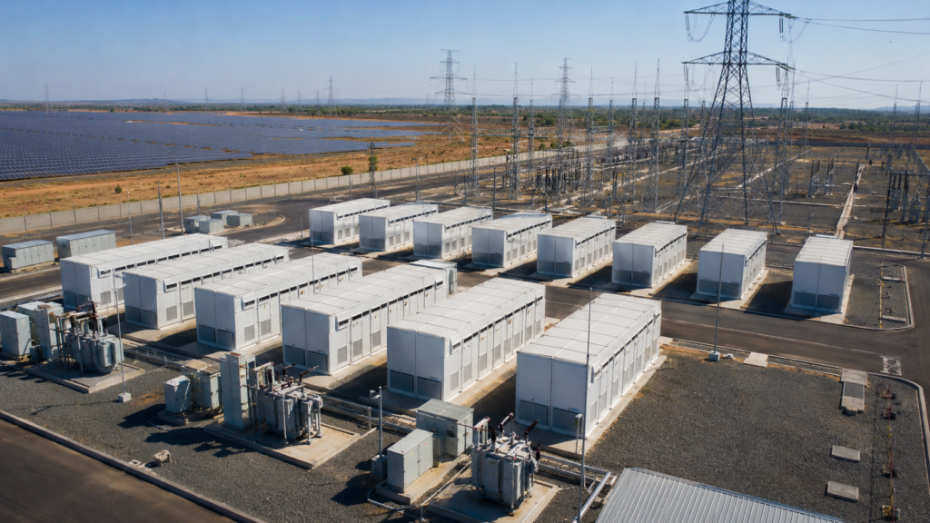 Ganesh Green Bharat’s NTPC Renewable Energy order highlights India’s fast-growing battery energy storage market as grid-scale BESS projects become critical to renewable power reliability. Representative image.