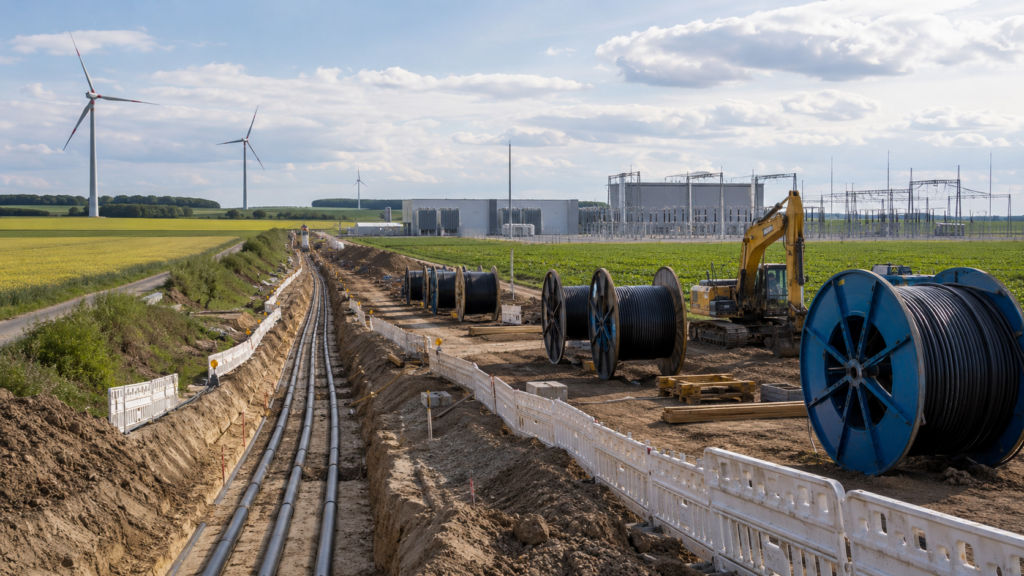Representative image of underground HVDC cable construction and wind power infrastructure, highlighting how Germany’s A-Nord project aims to connect northern renewable energy with western industrial demand centres.