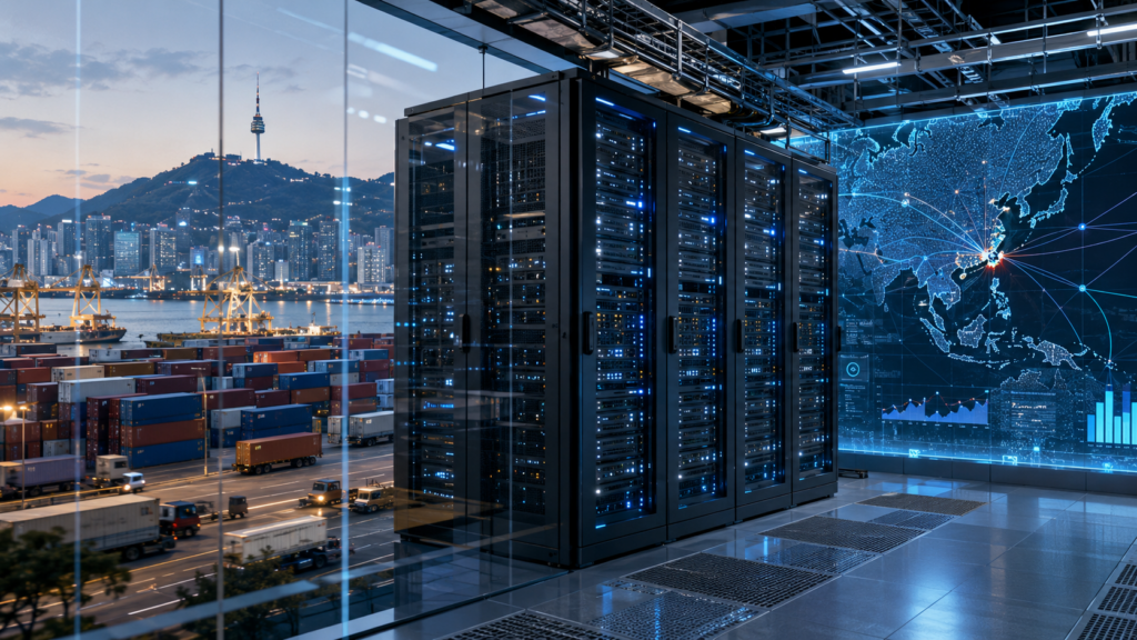 Representative image of AI data center infrastructure connected to port logistics and digital supply chain networks, illustrating GoodVision AI and ATTO Research’s plan for supply chain-focused AI data centers in South Korea.