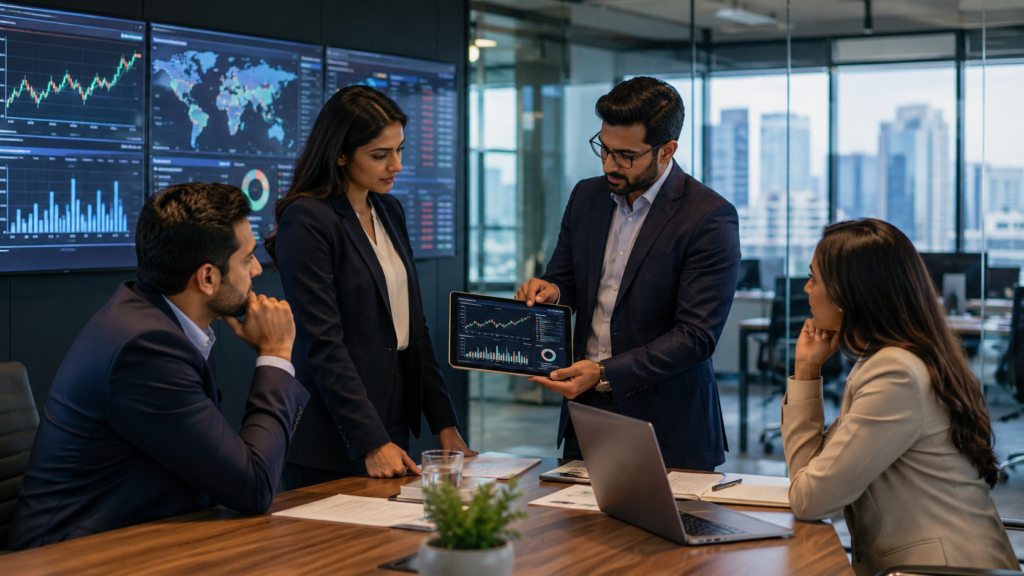 Representative image of a fintech and wealth management team reviewing investment charts, illustrating Groww AMC’s State Street Global Advisors deal and India’s mutual fund growth story.