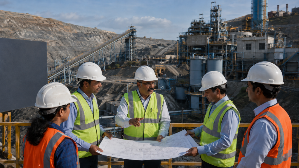 Representative image: Mining engineers review expansion plans at a large metals processing complex, reflecting Hindustan Zinc’s leadership transition under Amarendu Prakash and its focus on zinc, silver, critical minerals and project-led growth.