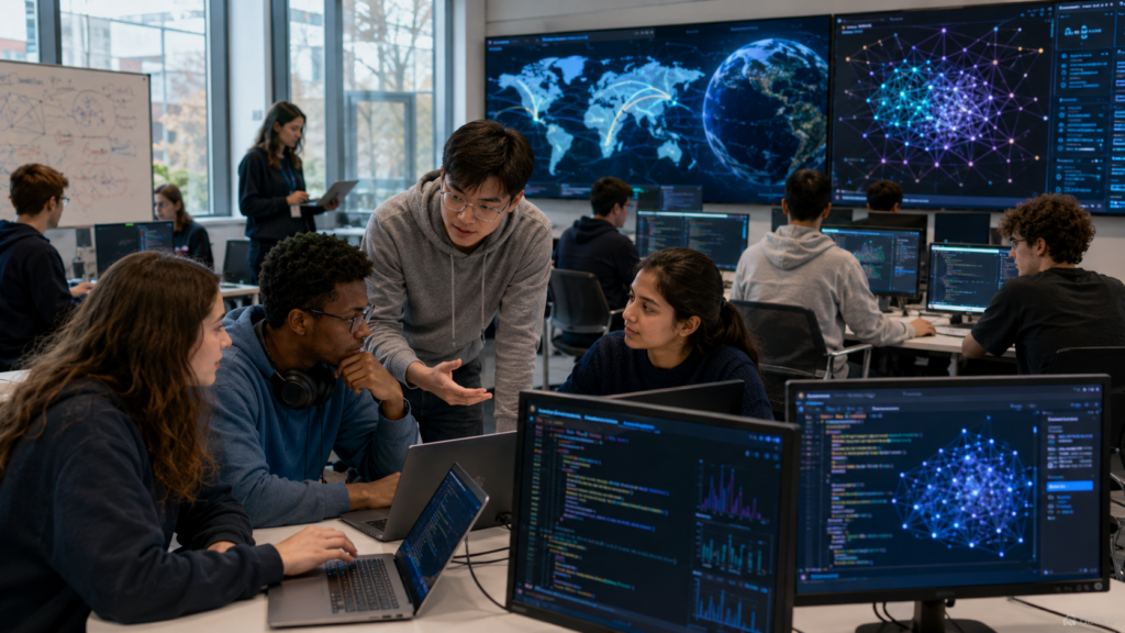 Representative image: University students collaborate on AI software projects in a modern technology lab, reflecting IBM’s global AI Builders Challenge and the expansion of IBM Bob access to 20,000 post-secondary institutions worldwide.