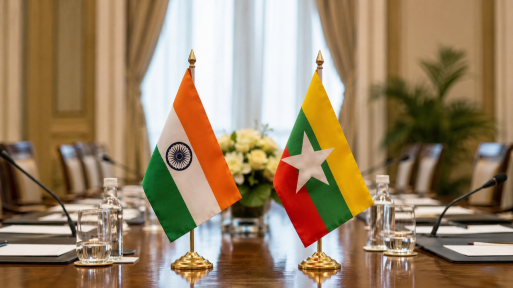 Representative image of India and Myanmar flags on a diplomatic meeting table as Narendra Modi and U Min Aung Hlaing discuss border security, Northeast stability, trade, connectivity and assurances that Myanmar territory will not be used against India.