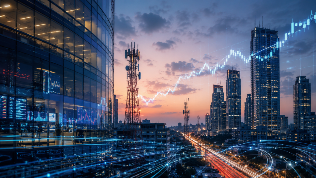 Representative image: A digital telecom and financial-market landscape illustrates the Jio Platforms IPO, as Reliance Industries targets debt reduction, AI expansion and long-term value creation.