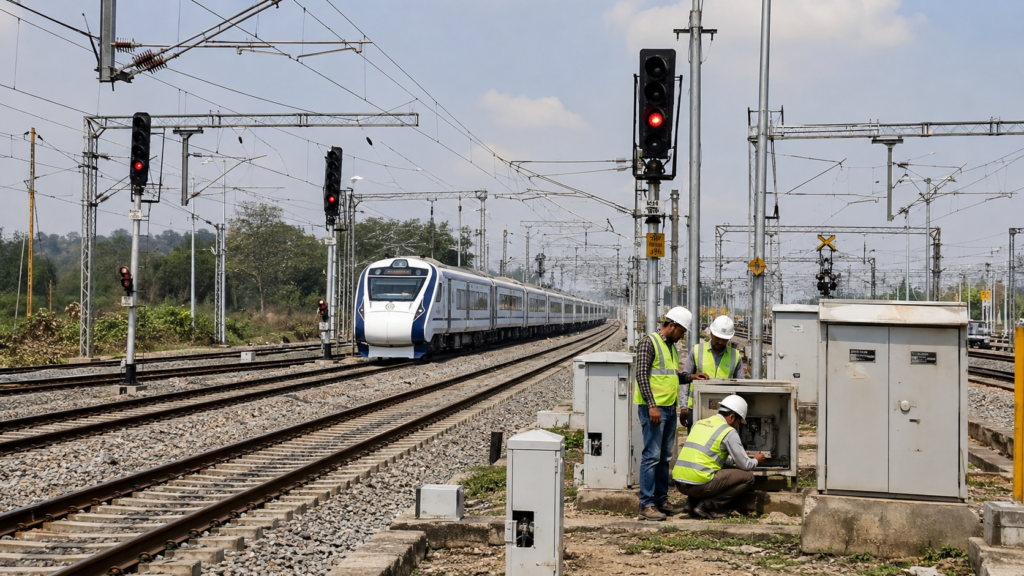 Representative image: Railway signalling and trackside safety equipment being inspected on an electrified rail corridor, reflecting Kernex Microsystems’ ₹173 crore Kavach order and India’s push to modernise train collision avoidance systems.