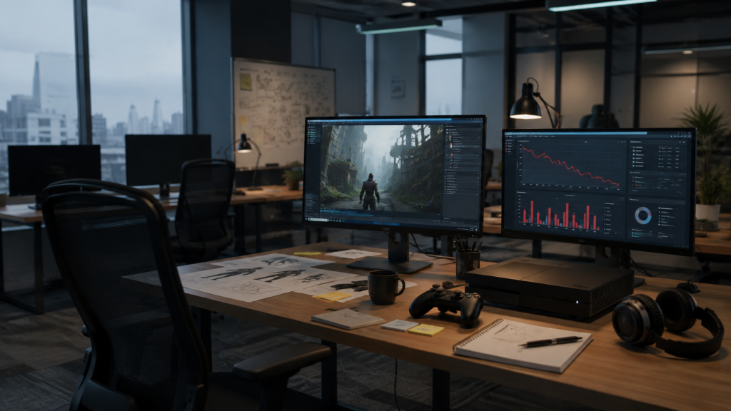 Representative image of a modern gaming studio workspace as Microsoft Corporation’s reported Xbox layoffs put MSFT stock, Game Pass strategy, console weakness, and gaming margins under sharper investor scrutiny.