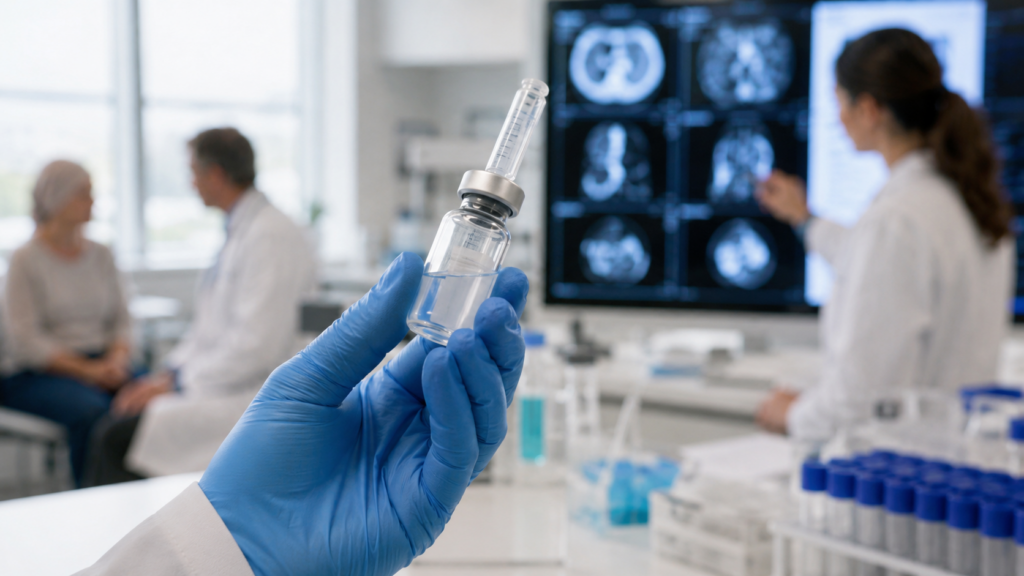 Representative image of oncology researchers examining an unbranded clinical sample as Moderna and Merck report durable five-year melanoma data for their personalized mRNA cancer vaccine combined with Keytruda.