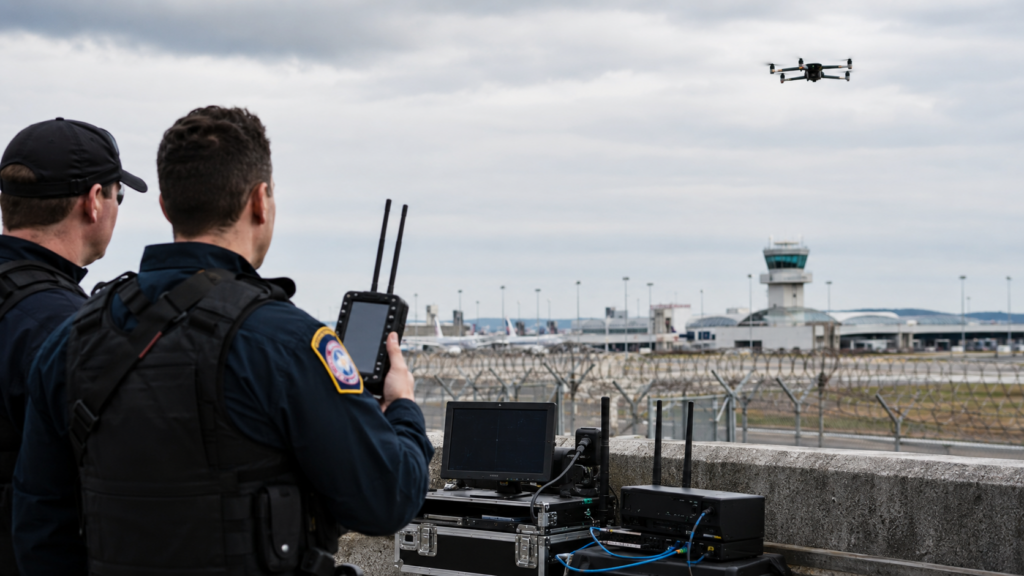 Representative image of drone surveillance near an airport security perimeter, illustrating Motorola Solutions’ D-Fend Solutions acquisition and the growing counter-drone security market.