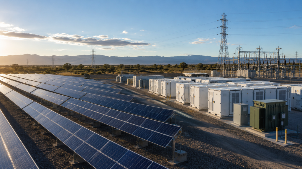 Representative image of solar panels and battery storage infrastructure, reflecting Nextpower’s push into the solar-plus-storage market through its Prevalon acquisition.