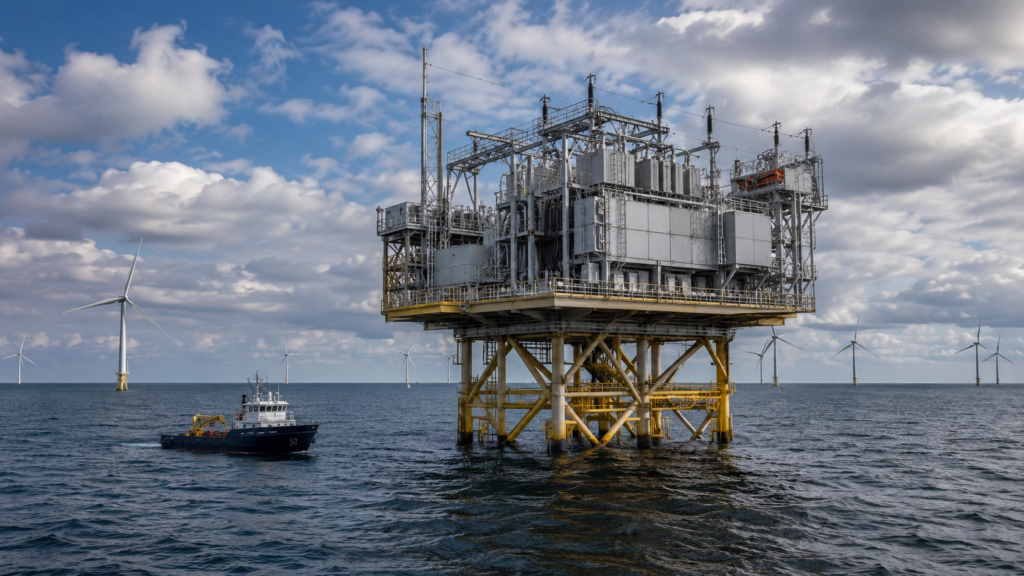 Representative image: An offshore HVDC converter platform and surrounding wind turbines illustrate Siemens Energy’s 2 GW North Sea Connector 2 project for 50Hertz, designed to carry offshore wind power into Germany’s transmission grid.