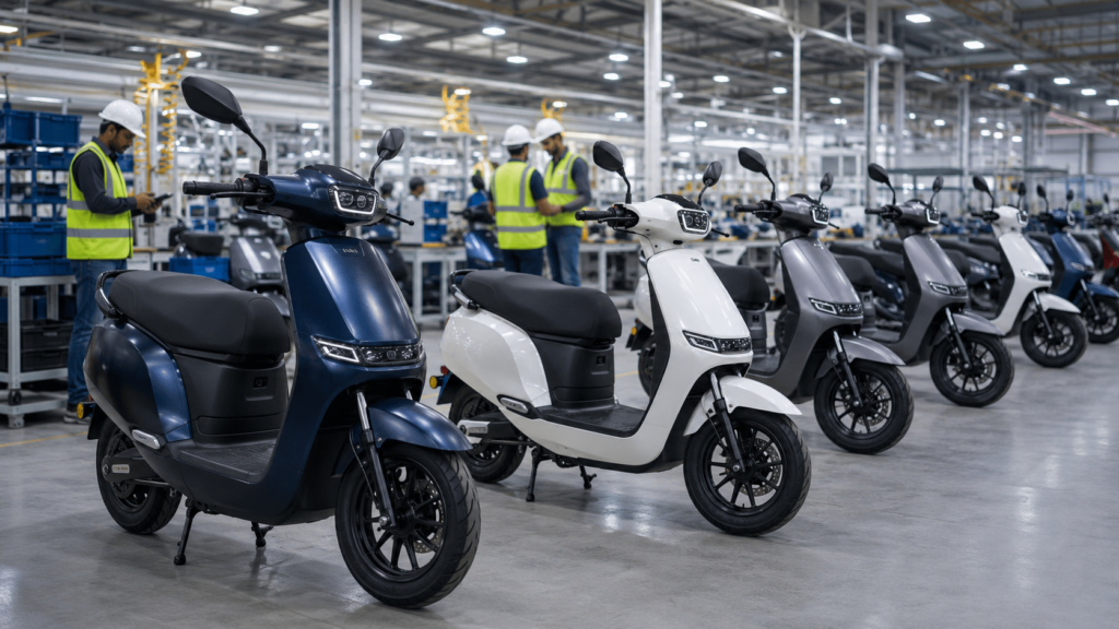 Representative image of unbranded electric scooters in a factory, illustrating Ola Electric’s QIP fundraise and India’s fast-growing EV two-wheeler market.