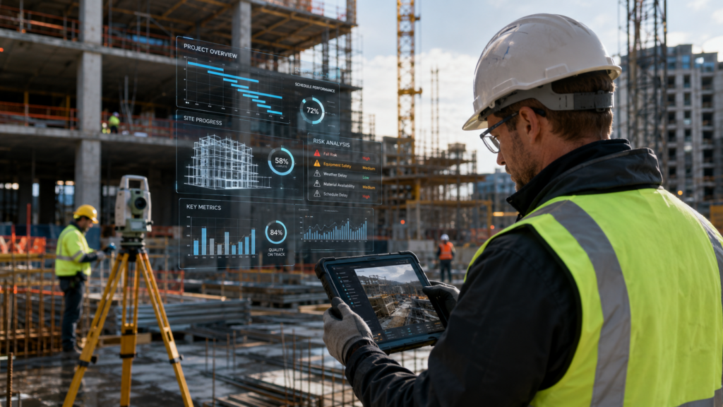 Representative image of AI-powered construction project monitoring, as Palantir Technologies Inc.’s partnership with McCarthy Building Companies Inc. targets jobsite productivity, risk control and smarter field decision-making.