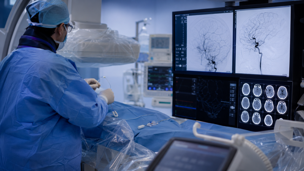 Representative image: A neurointerventional team reviews brain imaging during a stroke thrombectomy procedure, reflecting Penumbra’s THUNDERBOLT FDA clearance and the growing role of computer assisted vacuum thrombectomy in acute ischemic stroke treatment.