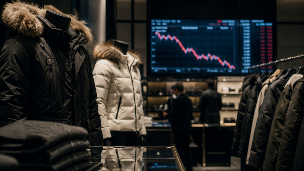 Representative image of luxury winter apparel displayed beside a falling market chart, illustrating Perfect Moment Ltd.’s OTCQB move and PMNT stock pressure after its NYSE American compliance setback.