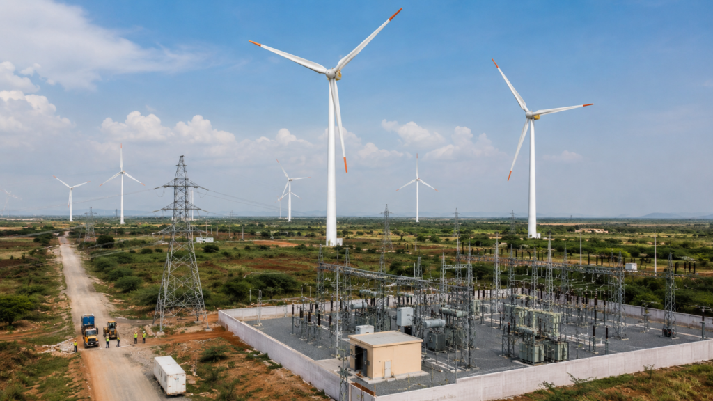 Representative image of a utility-scale wind energy project, highlighting how Prozeal Green Energy’s Rs 2,000 crore ONGC contract could strengthen its Rs 700 crore IPO story and India’s renewable energy infrastructure pipeline.