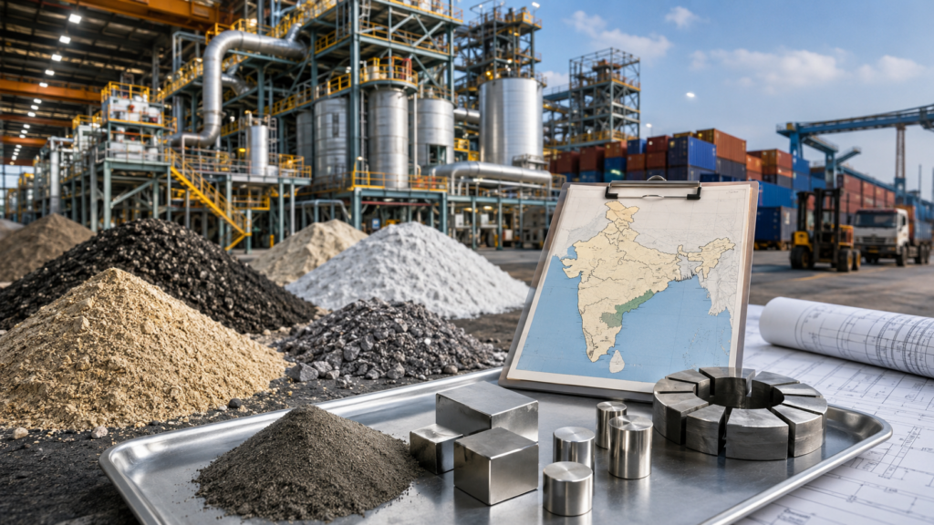 Representative image of a rare earth processing facility with mineral samples, industrial infrastructure and an India map, highlighting how Reliance Industries, Vedanta and Adani interest in Andhra Pradesh could reshape India’s critical minerals supply chain and reduce China dependence.