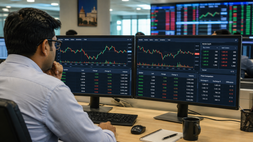 Representative image of a trading desk monitoring cross-exchange stock prices, highlighting how SEBI’s common pricing proposal could reduce price gaps, improve price discovery and reshape small-cap trading across Indian markets.