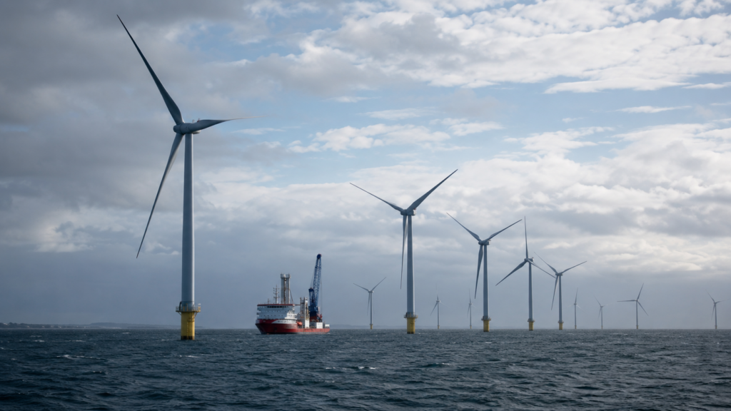 Representative image: Offshore wind turbines and a service vessel illustrate Siemens Gamesa’s warning over Europe offshore wind capacity, as Siemens Energy AG faces investor scrutiny over renewable power delays and supply-chain risks.