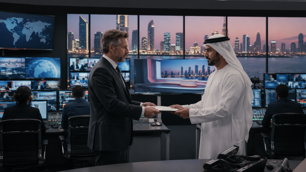 Representative image showing a Middle East newsroom control room, illustrating Sky’s withdrawal from Sky News Arabia as IMI assumes full control of the UAE media venture.
