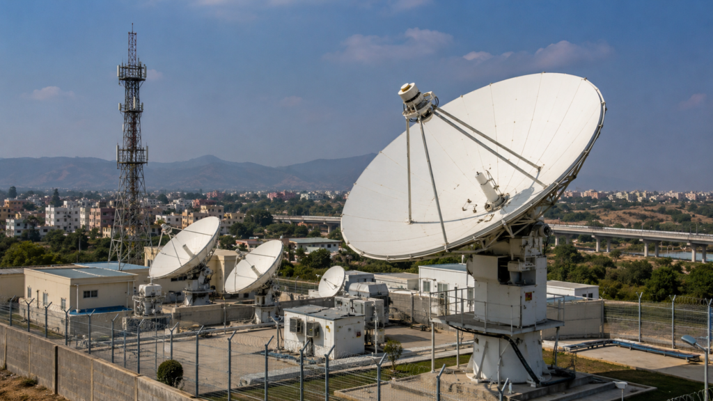 Representative image of a satellite communications ground station, highlighting how Starlink’s India launch plans could reshape satellite broadband, spectrum policy, rural connectivity and telecom competition with Bharti Airtel and Reliance Jio.