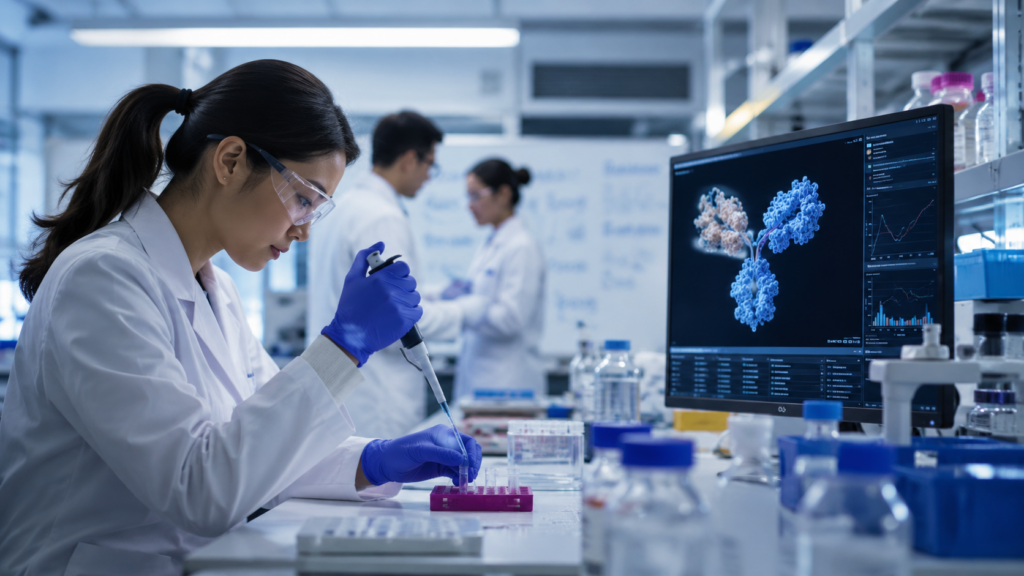 Representative image: T-cell engager antibody research in an advanced oncology laboratory, highlighting the Jazz Pharmaceuticals and AbCellera partnership to develop multispecific therapies for gastrointestinal cancers and solid tumours.