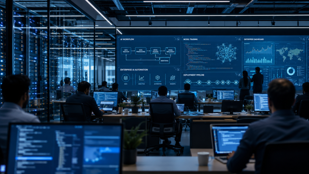 Representative image of an enterprise artificial intelligence operations centre, highlighting how Tata Consultancy Services’ Anthropic partnership and Claude adoption could reshape Indian IT services, workforce productivity and AI-led delivery models.